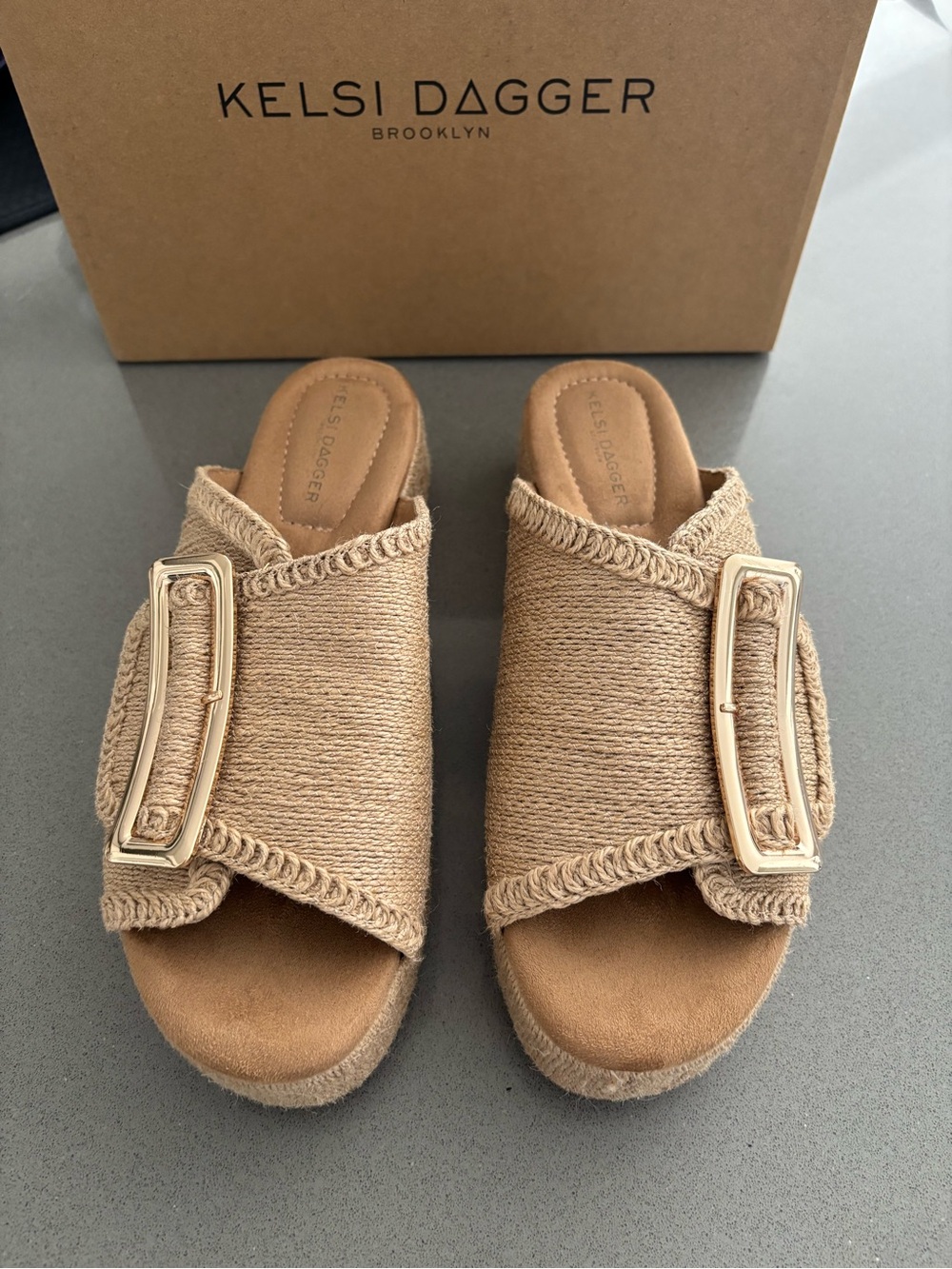 Kelsi Dagger Beige Woven Slide Mules with Gold Buckle